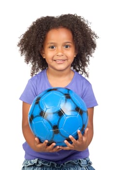 Adorable african little girl with soccer ball isolated over white