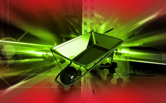 Digital illustration of metal tray wheel barrow in colour background