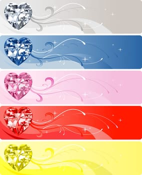 Vector Illustration of 5 Diamond or Crystal Heart Banners.