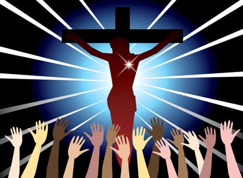 Vector Illustration of Jesus Christ on cross. Easter Resurrection.