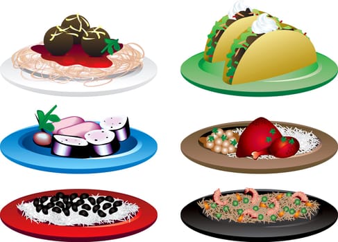 Vector of six different Ethnic Food dishes. Chinese, Cuban, Indian, Italian, Japanese and Mexican Food. 2 of 10 in series.