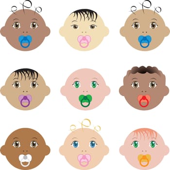Vector Illustration of nine boy and girl baby faces of different races.