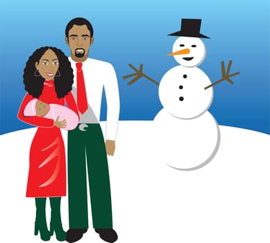 Vector Illustration of Family number 5. A family of 3 in front of snowman during Christmas time. Has space for a message.