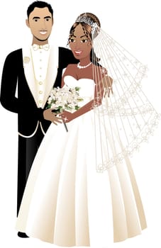 Vector Illustration. A beautiful bride and groom on their wedding day. Interacial Wedding Couple 4.