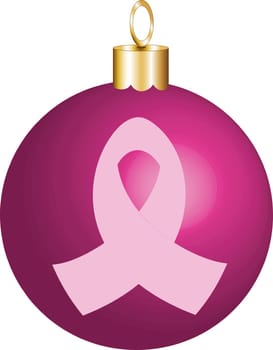 Pink Breast Cancer Ribbon displayed on a christmas ornament. Vector Illustration, Ornament color is very easy to change.