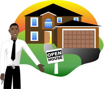 Vector Illustration. A real estate agent with keys advertising an open house viewing. Version 4 of 6.