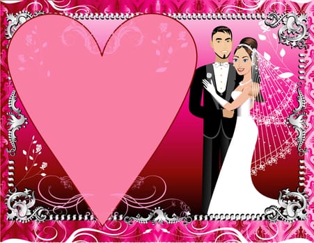 Vector Illustration of a beautiful bride and groom on their wedding day. Wedding Couple 1 with Red, Pink and Silver Background template.