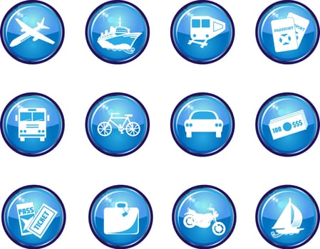 Vector Illustration of 12 Blue Glossy Travel Icon Buttons. Available in other sets.