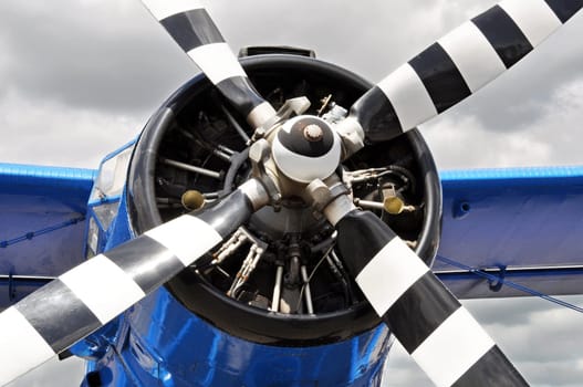 Vintage blue propeller plane, cloudy background