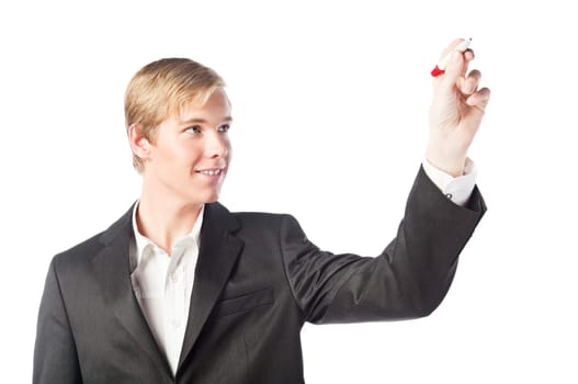 Young handsome smiling man drawing a chart