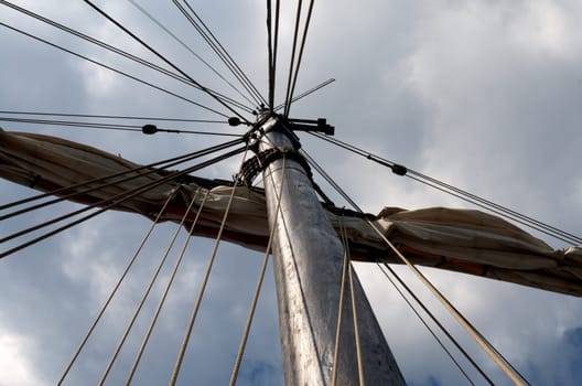 mast and sail of old hanseatic sailing ship