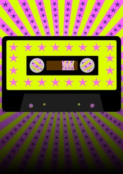 Retro Party Background - Audio Casette Tape on Strips and Stars Background