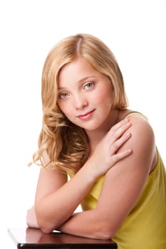 Beautiful teenager girl with clean and healthy facial skin and freckles, isolated.