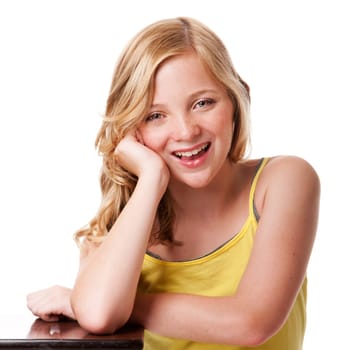 Happy laughing teenager girl with clean facial skin and freckles, isolated.