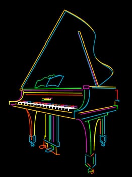 Classical grand piano sketch over black