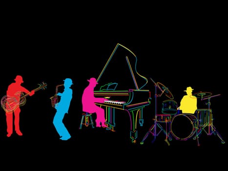 Jazz band sketch, isolated and grouped over black