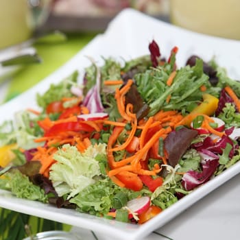 mixed,fresh salad with bell pepper,lettuce,tomatoes and carrots - square