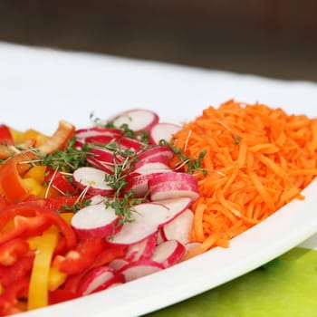 garnished,fresh salad with radishes,carrots and peppers - close-up