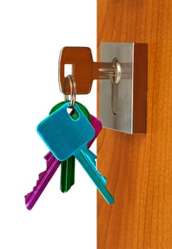 Door open with keys color in lock ,isolated with Clipping Path inclusive