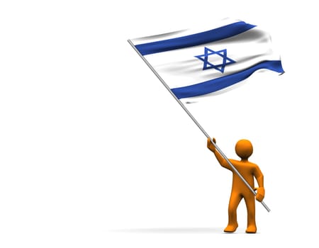 Orange cartoon with a big flag of Israel, isolated on white.