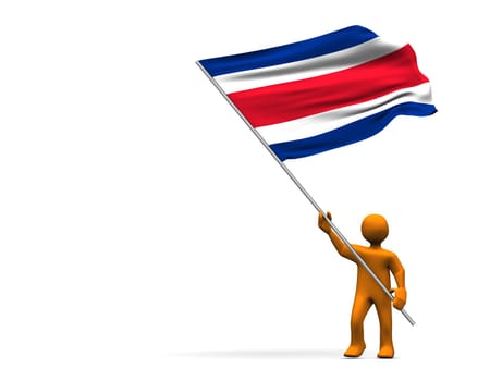 Orange cartoon with a big flag of Costa Rica, isolated on white.