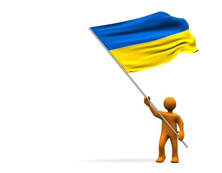 Orange cartoon with a big flag of Ukraine, isolated on white.