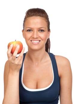 Gymnastics girl with an apple isolated on white background