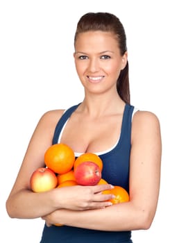 Gymnastics girl with many fruits isolated on white background