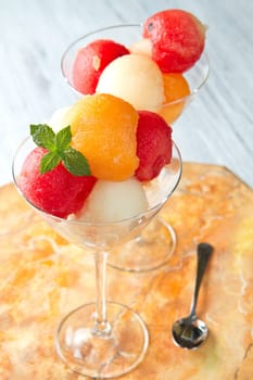 Bowl with salad of watermelon and honey melon