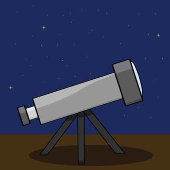 Cartoon illustration of a telescope with a starry night sky in the background