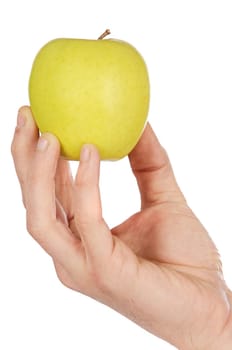 Apple in a hand low in calories a over white background