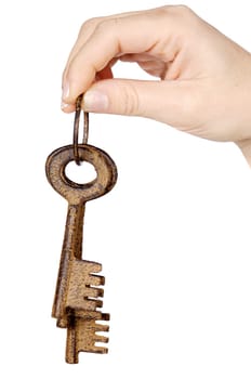 Three keys in the hand a over white background