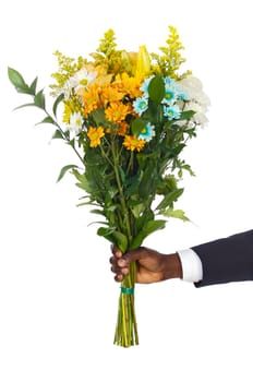 hand giving flowers a over white background