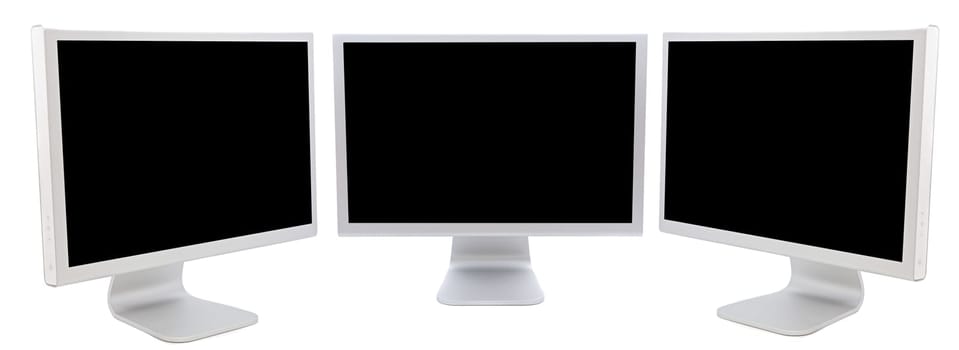 three monitors of computers in black over a white background
