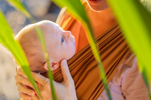 A loving mother walks through a peaceful park, carrying her baby securely in a sling. A heartwarming moment of maternal bonding, babywearing, and the joy of motherhood in nature.