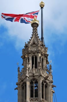 Detail of london parliament with union flag flying