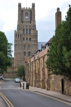 Ely cathedral tower with wall