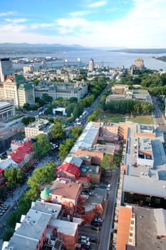 This is an elevated view of Quebec City, Province of Quebec, Canada. The most predominant street, Grande Allee street, is in this photo.