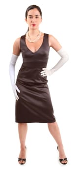 A beautiful lady in a classy dress wearing white gloves