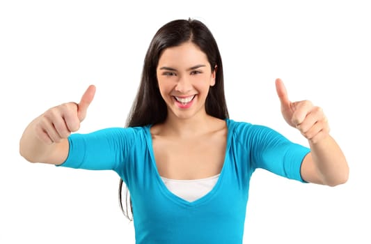 A young woman is showing her appreciation towards a job very well done.