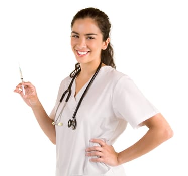 A smiling nurse with a syringe is looking at you for an injection.