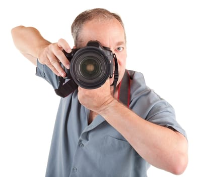 A male photographer is shooting you isolated on white.