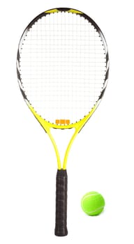 This is a close-up of a tennis racquet and a tennis ball.