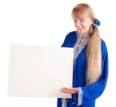 A beautiful senior woman is holding a blank white sign.