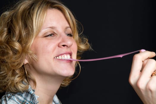 blond girl with bubble gum