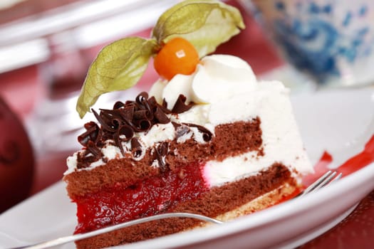 Delicious cherry sponge cake with cream