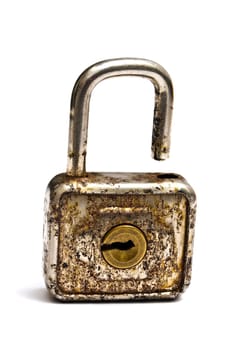 Old padlock isolated on white background