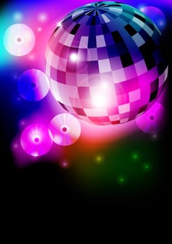 Glowing Retro Disco Ball in Night Club on Dark Background