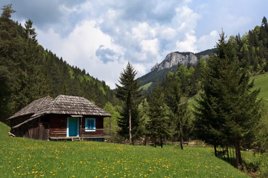 a mountain spring landscape with rustic homes