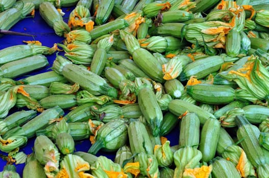 Courgette zucchini flowering vegetables for sale at grocery store.